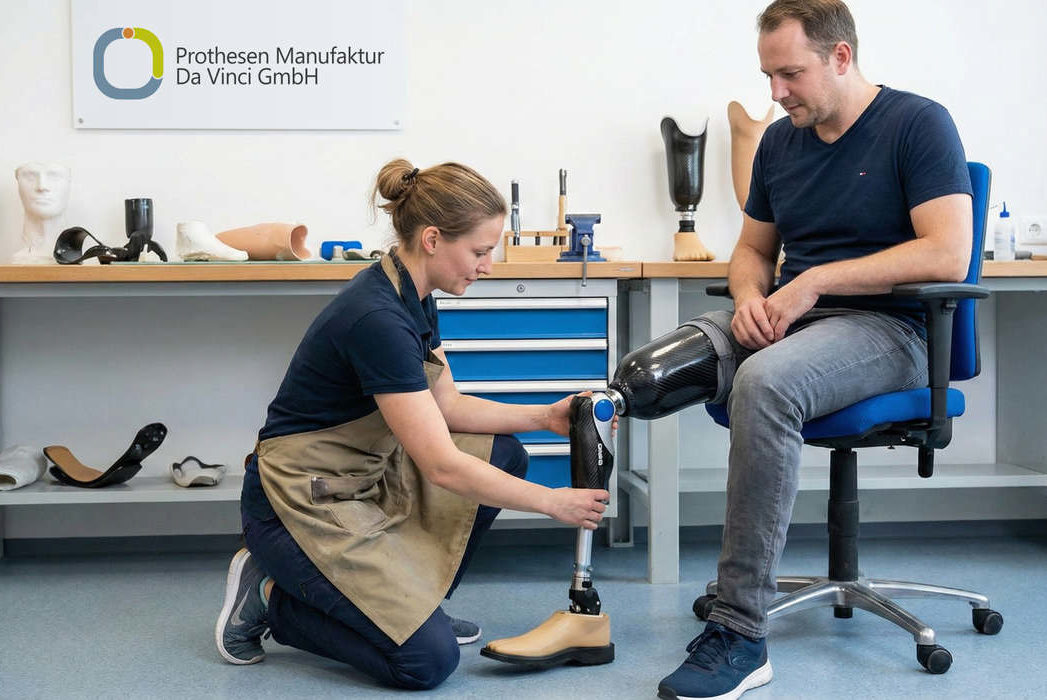 Eine Orthopädietechnikerin kniet vor einem sitzenden Mann und passt eine Beinprothese an seinem rechten Bein an. Sie befinden sich in einer Werkstatt der Prothesen Manufaktur Da Vinci GmbH, deren Logo an der Wand im Hintergrund zu sehen ist. Auf der Werkbank im Hintergrund liegen weitere Prothesenteile und Werkzeuge.
