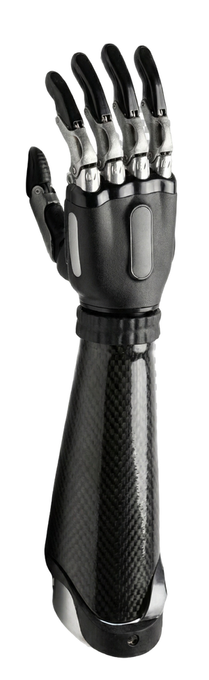 Detaillierte Nahaufnahme der Komponenten und des Schafts einer modernen Armprothese auf weißem Hintergrund.