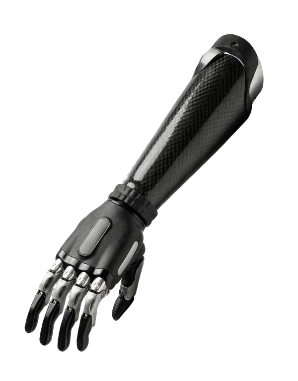 Detaillierte Nahaufnahme der Komponenten und des Schafts einer modernen Armprothese auf weißem Hintergrund.